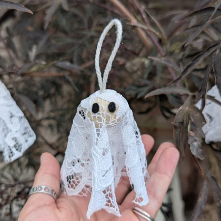Set of 3 Handmade Hanging Ghost Decorations with Lace and Wooden Beads
