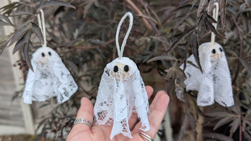 Set of 3 Handmade Hanging Ghost Decorations with Lace and Wooden Beads
