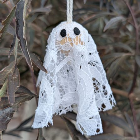 Set of 3 Handmade Hanging Ghost Decorations with Lace and Wooden Beads