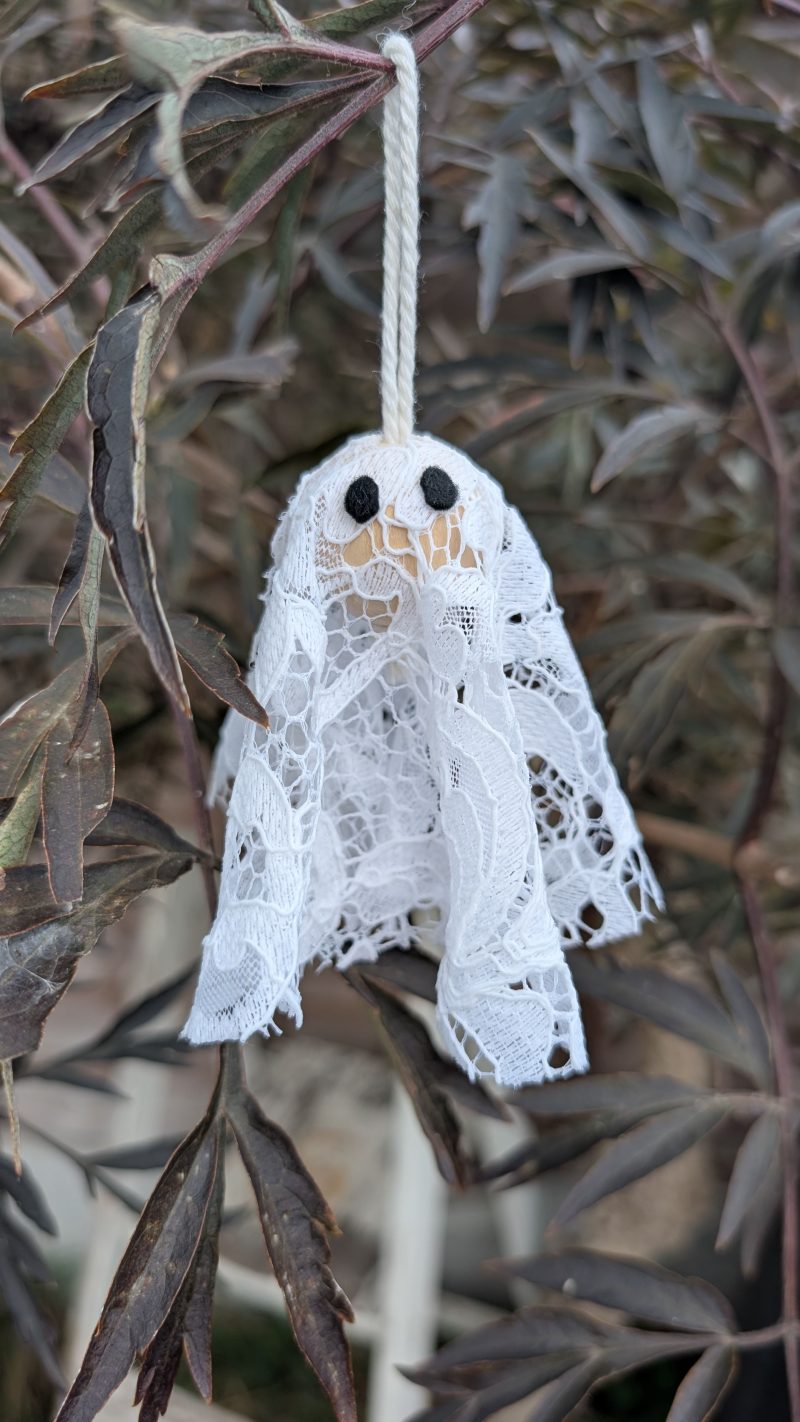 Set of 3 Handmade Hanging Ghost Decorations with Lace and Wooden Beads