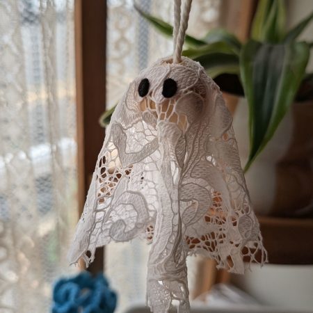 Set of 3 Handmade Hanging Ghost Decorations with Lace and Wooden Beads