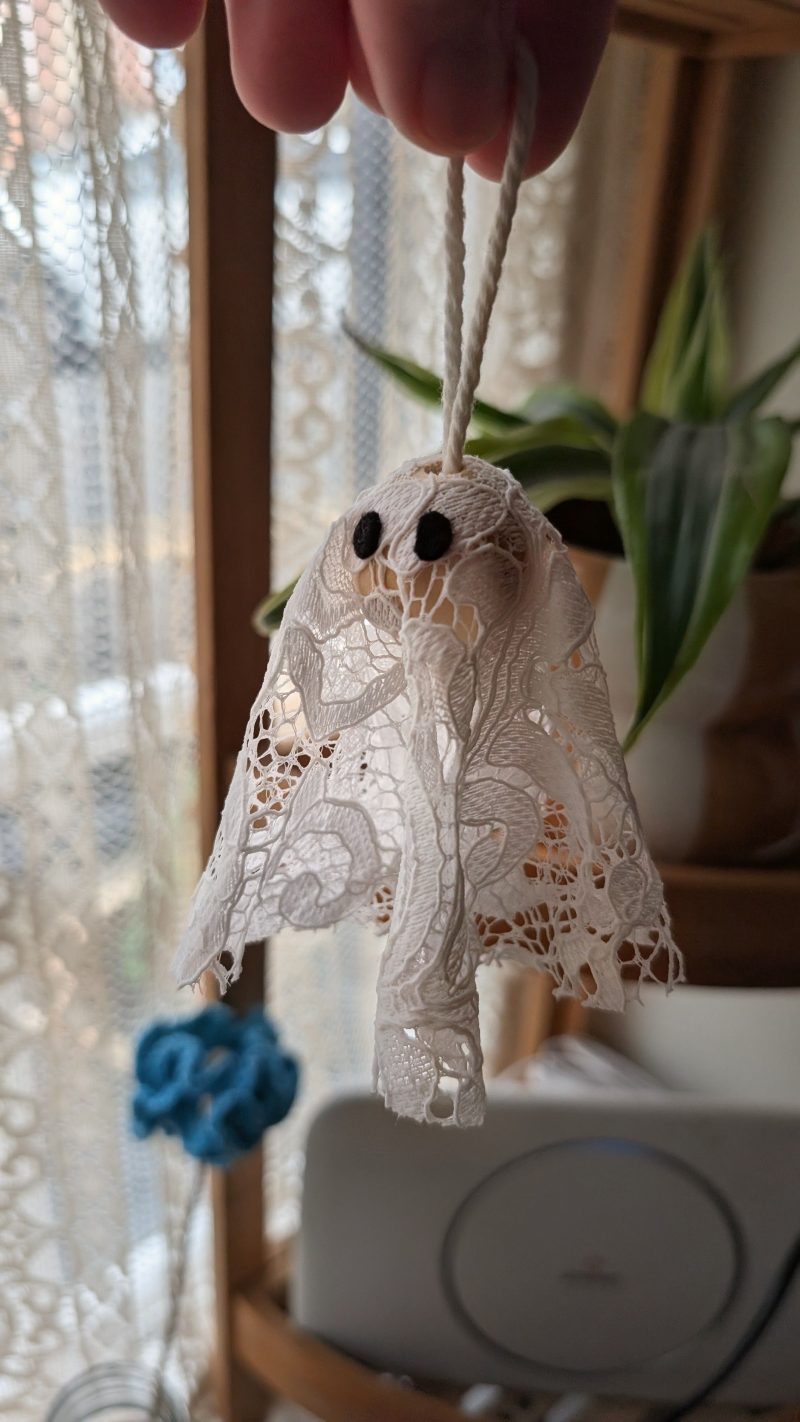 Set of 3 Handmade Hanging Ghost Decorations with Lace and Wooden Beads