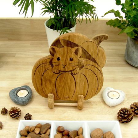 Handmade Solid Oak Pumpkin & Mouse Chopping Board with Stand
