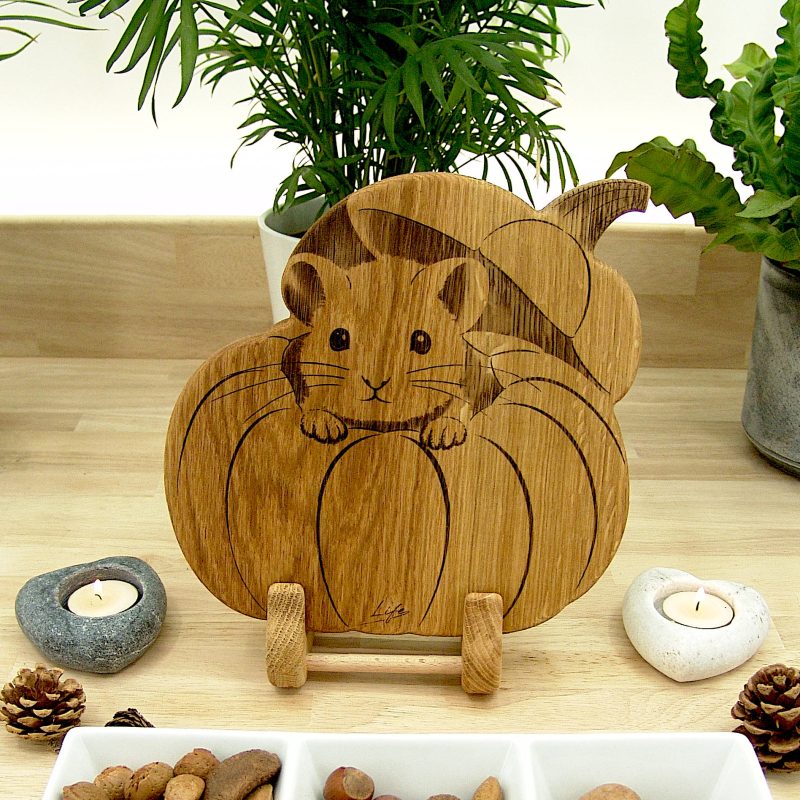 Handmade Solid Oak Pumpkin & Mouse Chopping Board with Stand