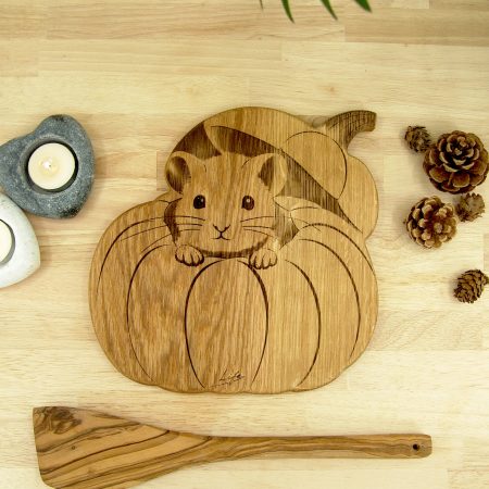 Handmade Solid Oak Pumpkin & Mouse Chopping Board with Stand
