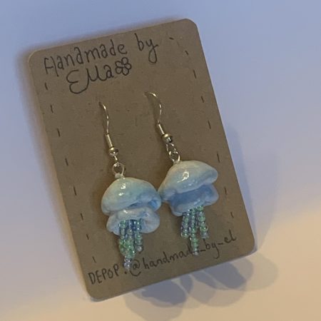 Hand-sculpted and painted blue beaded jellyfish earrings