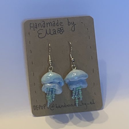 Hand-sculpted and painted blue beaded jellyfish earrings
