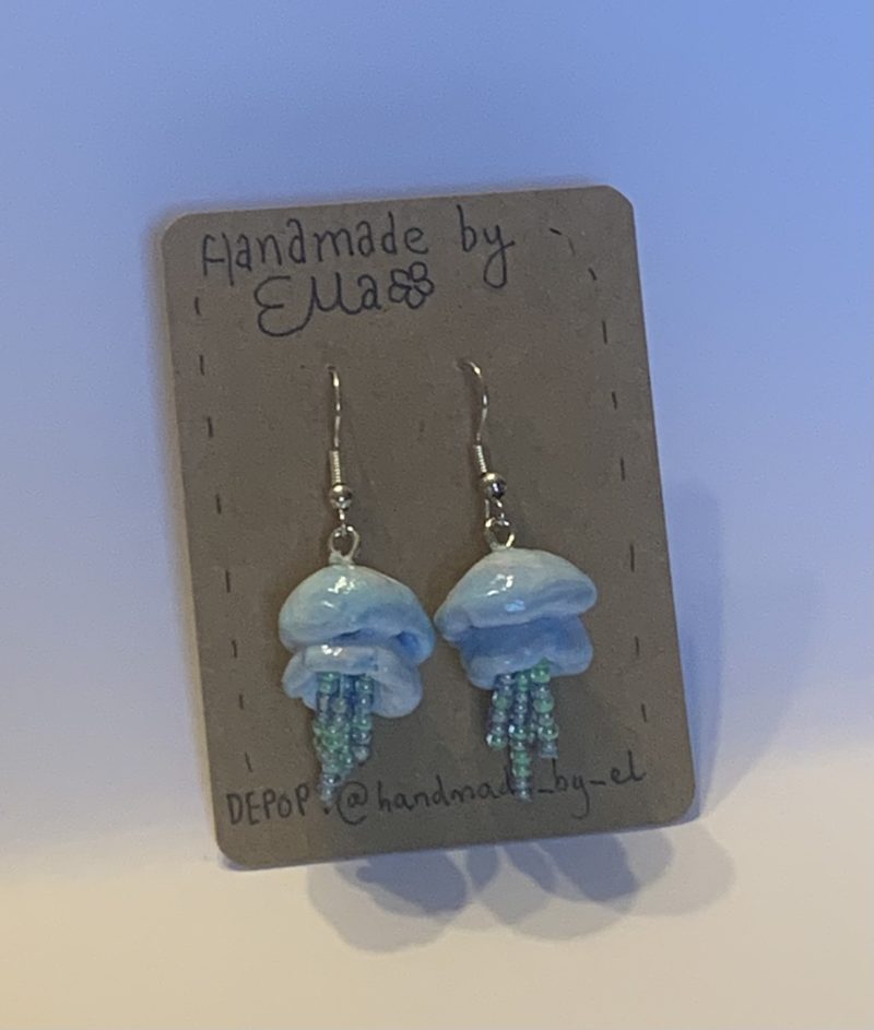 Hand-sculpted and painted blue beaded jellyfish earrings
