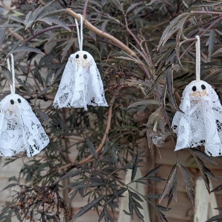 Set of 3 Handmade Hanging Ghost Decorations with Lace and Wooden Beads