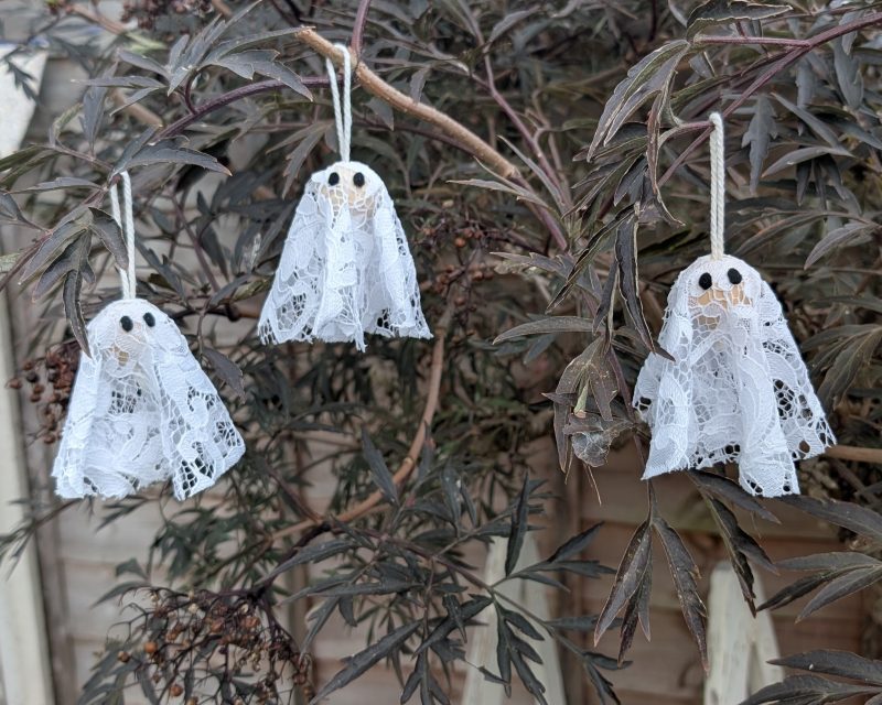 Set of 3 Handmade Hanging Ghost Decorations with Lace and Wooden Beads