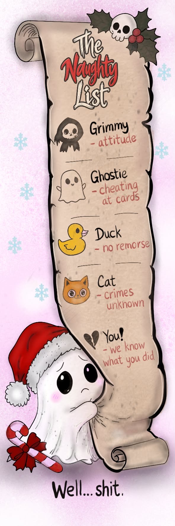 Funny naughty list Christmas bookmark, ghosts, spooky