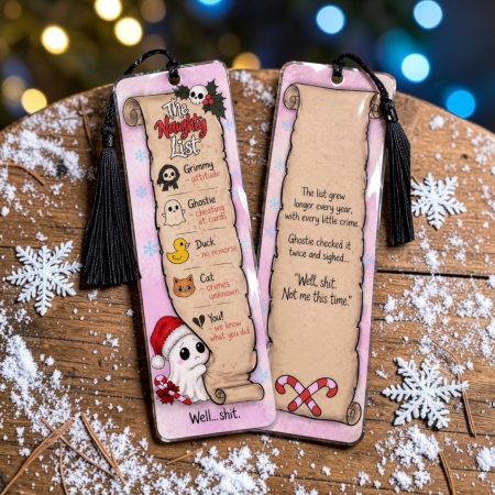 Funny naughty list Christmas bookmark, ghosts, spooky