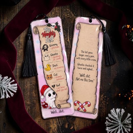 Funny naughty list Christmas bookmark, ghosts, spooky