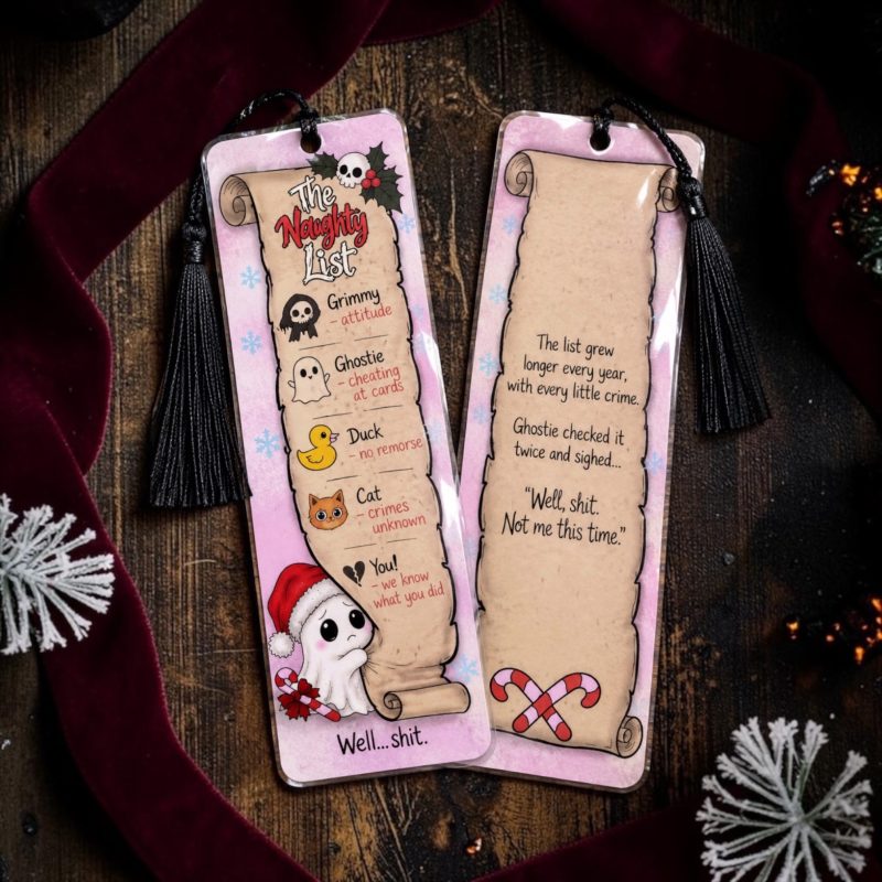 Funny naughty list Christmas bookmark, ghosts, spooky