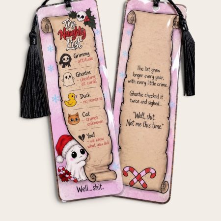 Funny naughty list Christmas bookmark, ghosts, spooky