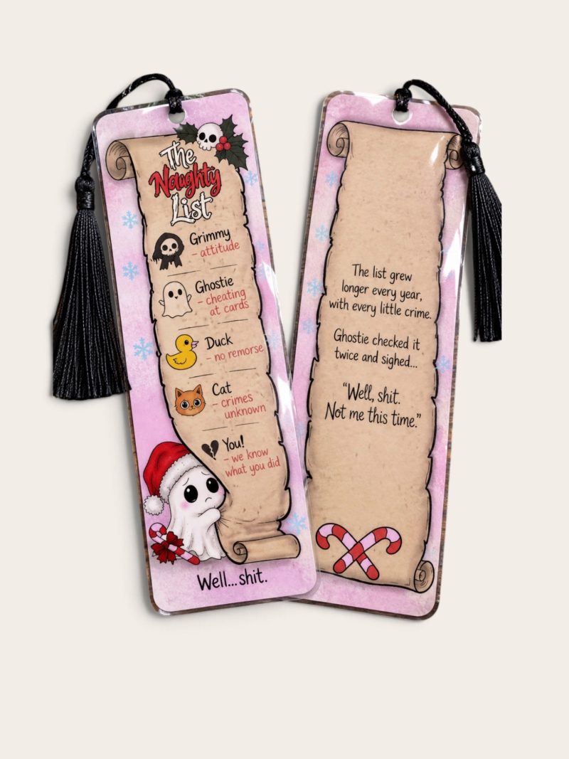 Funny naughty list Christmas bookmark, ghosts, spooky