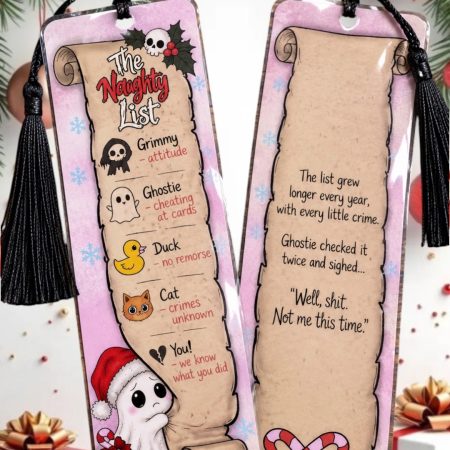 Funny naughty list Christmas bookmark, ghosts, spooky