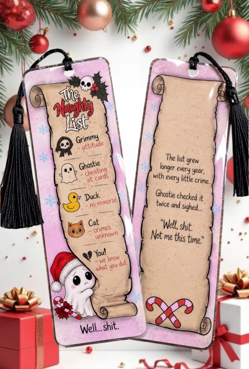 Funny naughty list Christmas bookmark, ghosts, spooky
