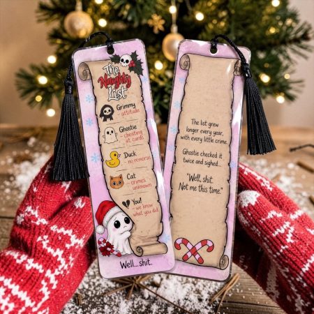 Funny naughty list Christmas bookmark, ghosts, spooky