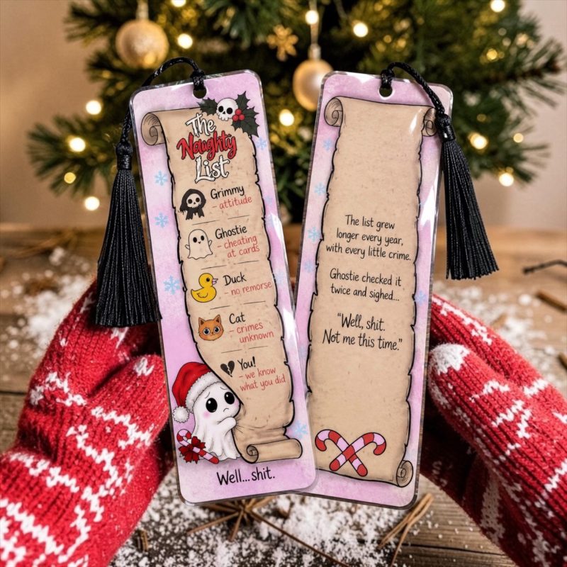 Funny naughty list Christmas bookmark, ghosts, spooky