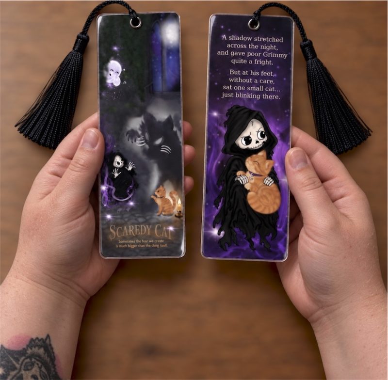Hand Made Double-Sided Ghost grim reaper Bookmark | cat |