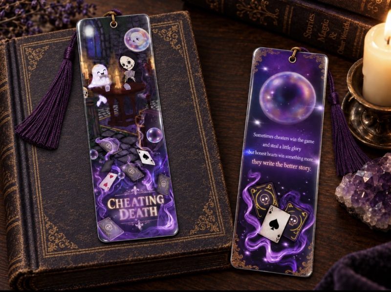 Double-Sided gothic bookmark, Cheating death laminated book accessory