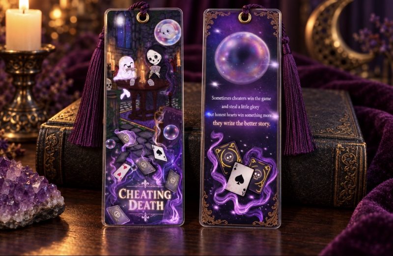 Double-Sided gothic bookmark, Cheating death laminated book accessory
