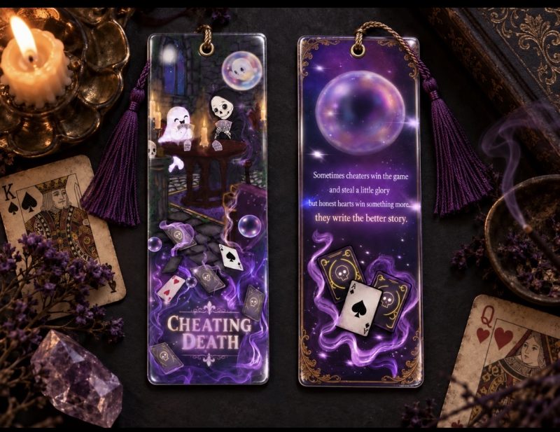 Double-Sided gothic bookmark, Cheating death laminated book accessory