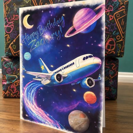 Personalised space and aeroplane birthday card