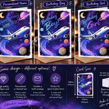 Personalised space and aeroplane birthday card