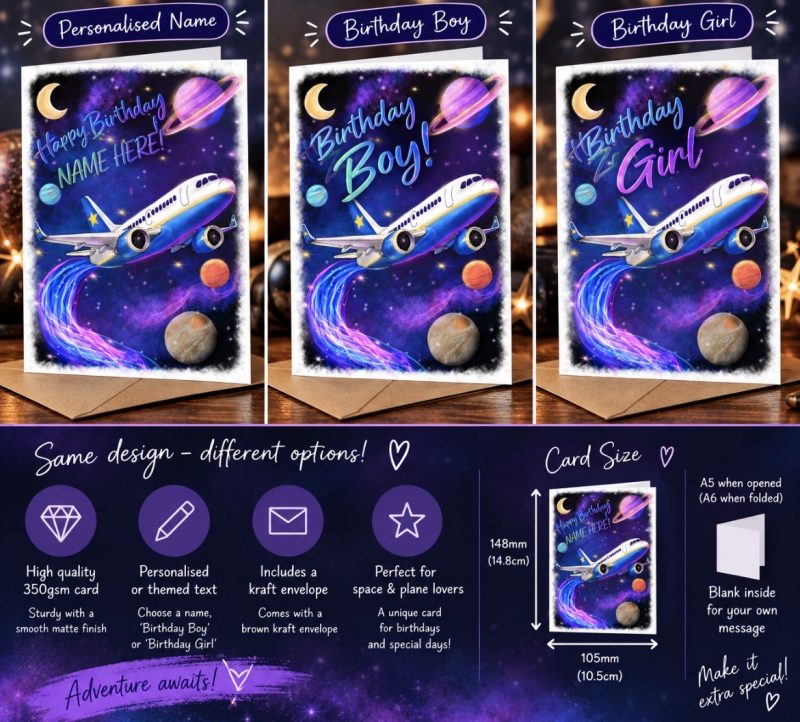 Personalised space and aeroplane birthday card