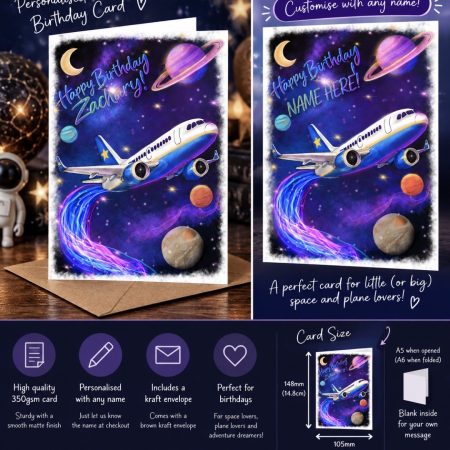 Personalised space and aeroplane birthday card
