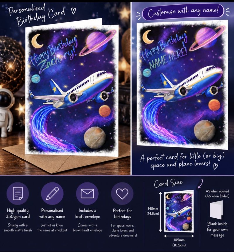 Personalised space and aeroplane birthday card
