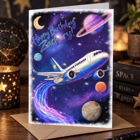 Personalised space and aeroplane birthday card