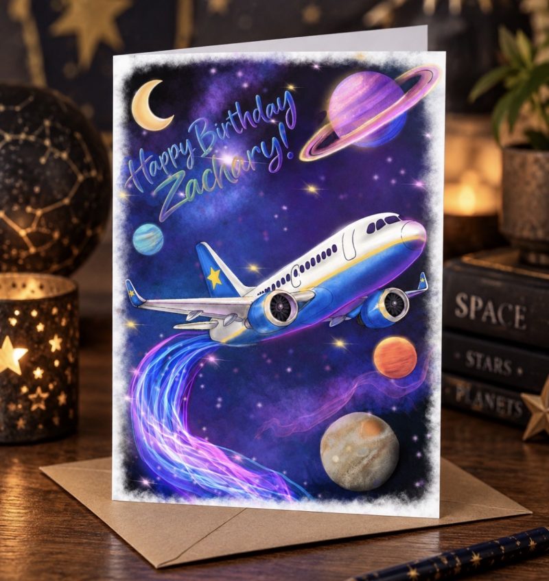 Personalised space and aeroplane birthday card