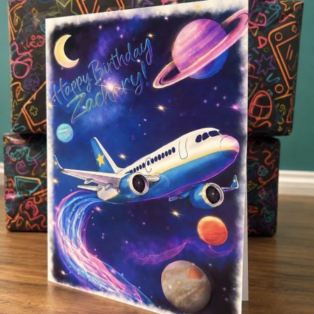 Personalised space and aeroplane birthday card