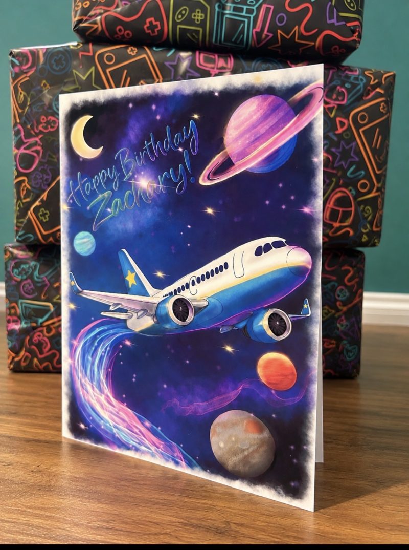 Personalised space and aeroplane birthday card