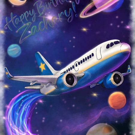 Personalised space and aeroplane birthday card