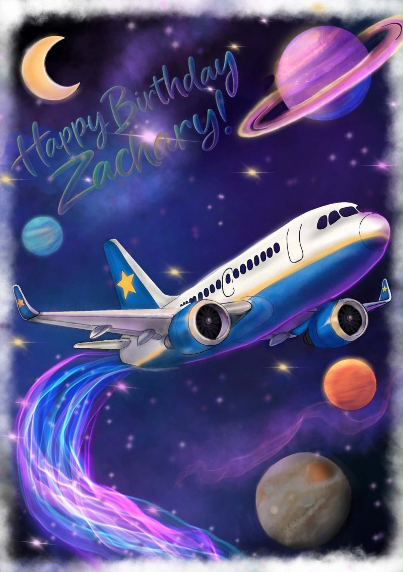 Personalised space and aeroplane birthday card