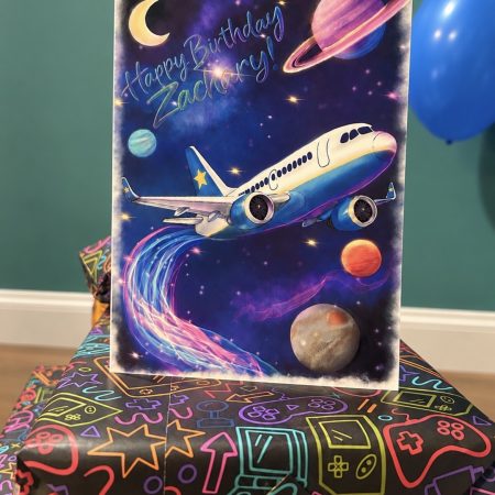 Personalised space and aeroplane birthday card