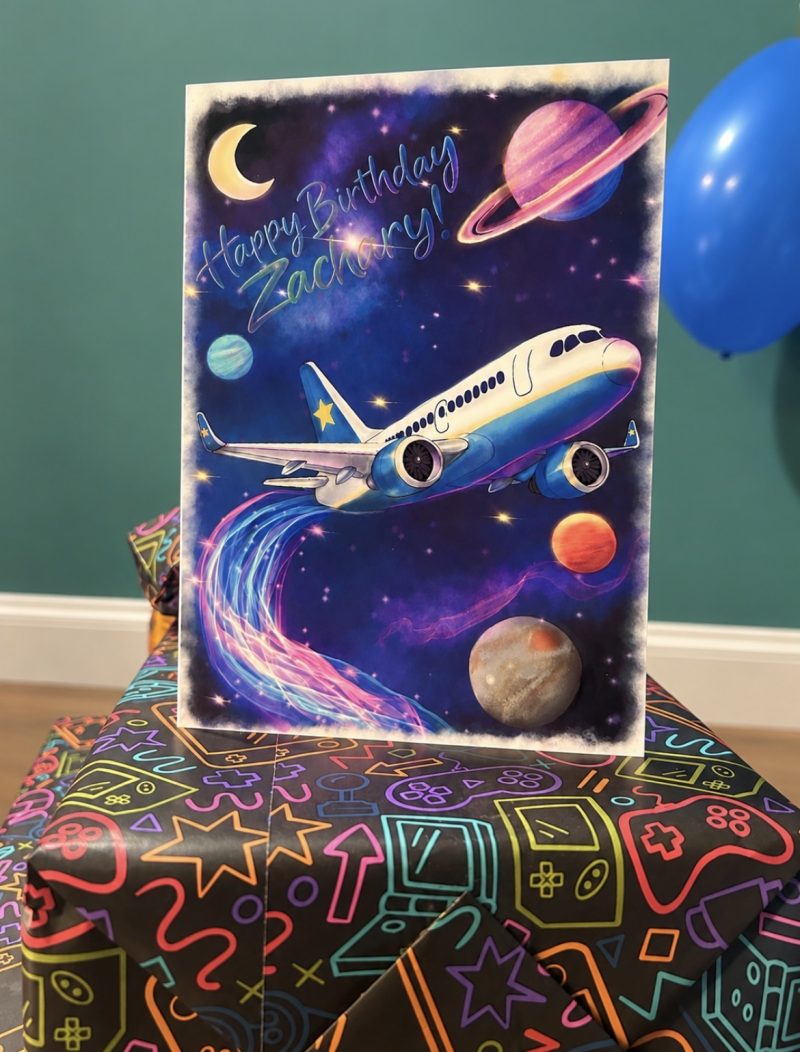 Personalised space and aeroplane birthday card
