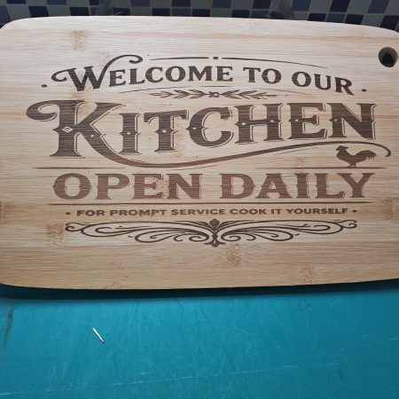 Laser Engraved Bamboo Chopping Board – "Welcome to Our Kitchen: Open Daily"