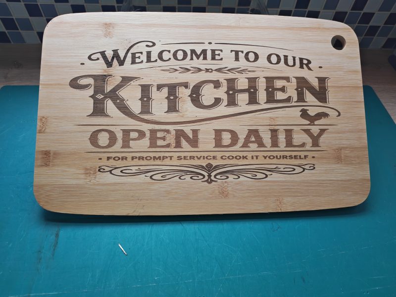 Laser Engraved Bamboo Chopping Board – "Welcome to Our Kitchen: Open Daily"