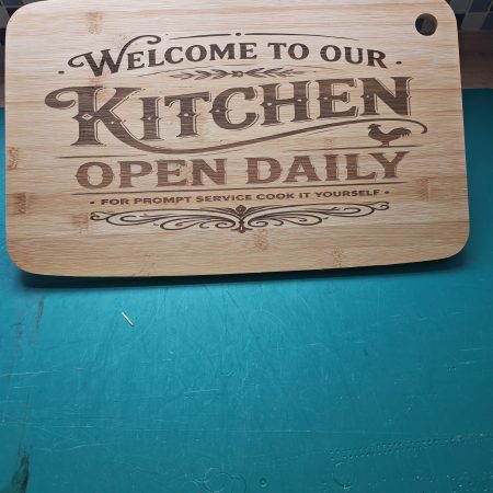 Laser Engraved Bamboo Chopping Board – "Welcome to Our Kitchen: Open Daily"