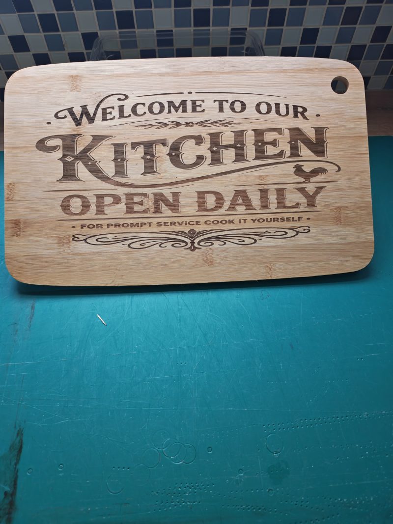 Laser Engraved Bamboo Chopping Board – "Welcome to Our Kitchen: Open Daily"