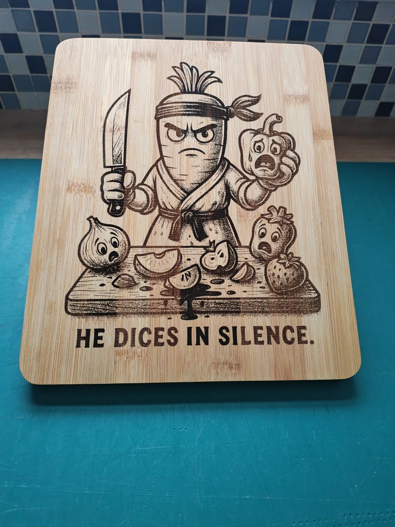Laser Engraved Bamboo Chopping Board – "He Dices In Silence" Ninja Carrot