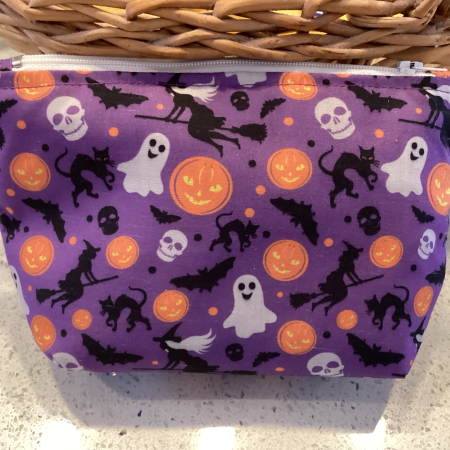 Small Purple Halloween Print Fabric Lined Zipped Small Make Up Bag/Purse/Pouch