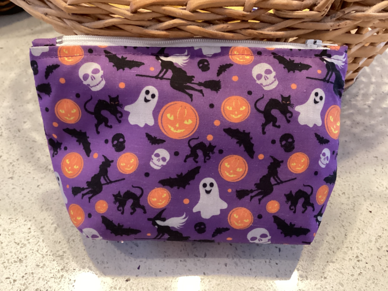 Small Purple Halloween Print Fabric Lined Zipped Small Make Up Bag/Purse/Pouch