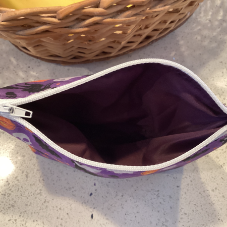 Small Purple Halloween Print Fabric Lined Zipped Small Make Up Bag/Purse/Pouch