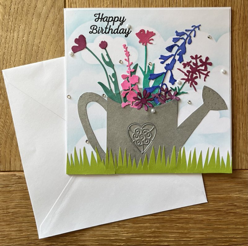 Birthday card: flower filled watering can